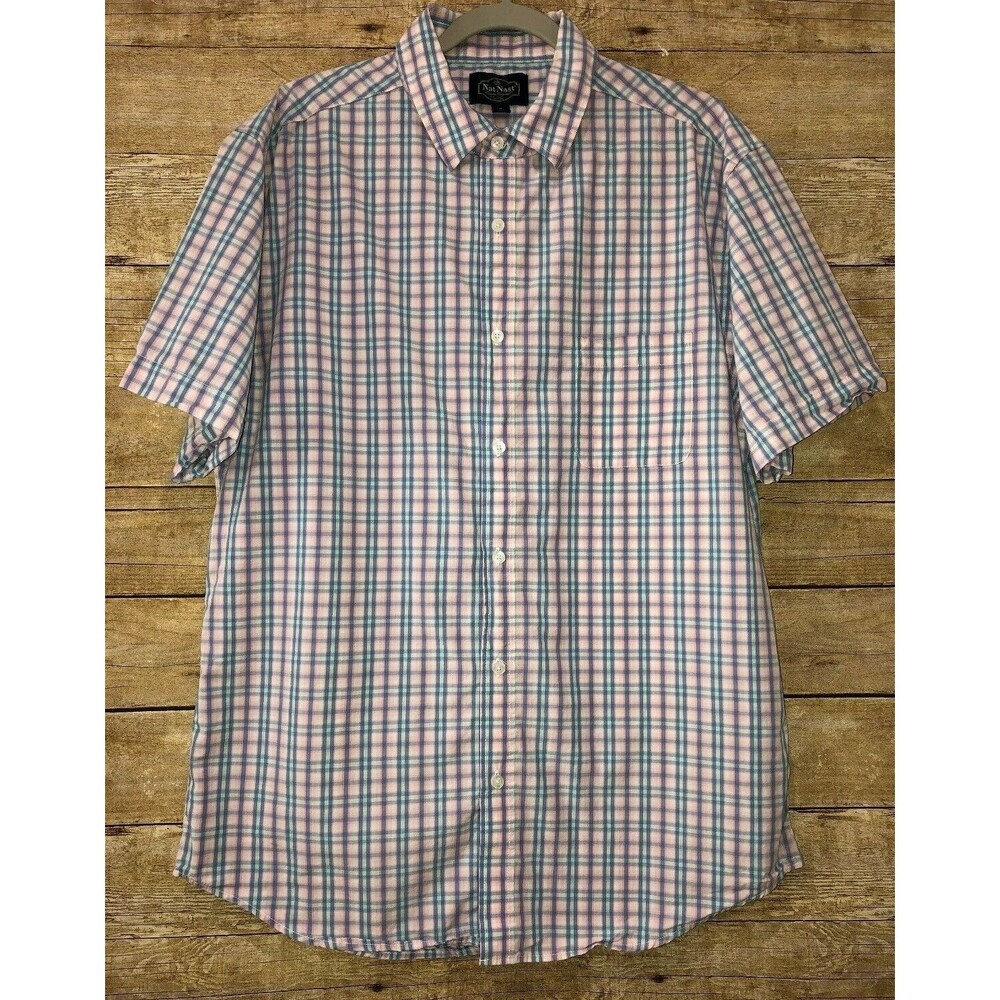 Nat Nast Men's Shirt XL Plaid Short Sleeve Pink Blue Large